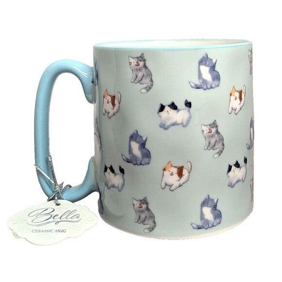 10 Strawberry Street Bella Catface Blue Coffee Mug Cat Print 16-oz Gift Tag NEW - Picture 6 of 7